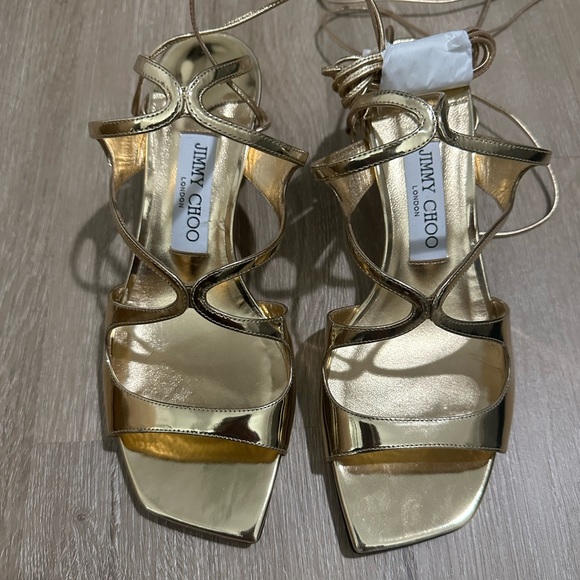 JIMMY CHOO LONDON NWOB NEW AZURE SANDALS 50MM KITTEN HEELS 37 US7 OUI GOLD $825 - Picture 1 of 5